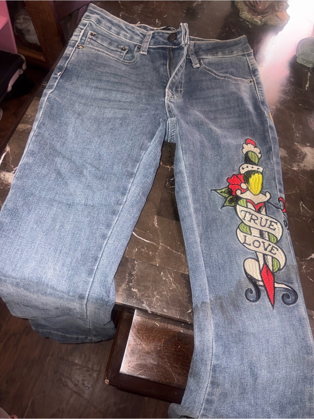Ed Hardy Light Blue Denim Bootcut Jeans with Colorful 'True Love' Embroidery